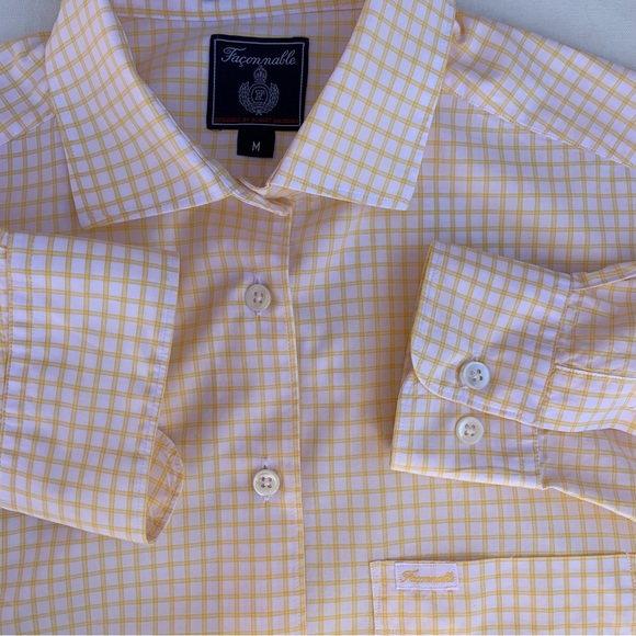 Faconnable Med Cotton Button Down Shirt White with Yellow Double Line Square - Picture 3 of 3